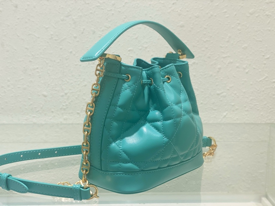 Small Dior Jolie Bucket Bag Aquamarina Macrocannage Lambskin and Calfskin